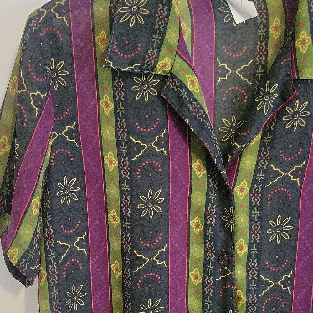 impressions Vintage SzMed Multicolor Floral Stripe Button Down Collared Shirt - Picture 4 of 4